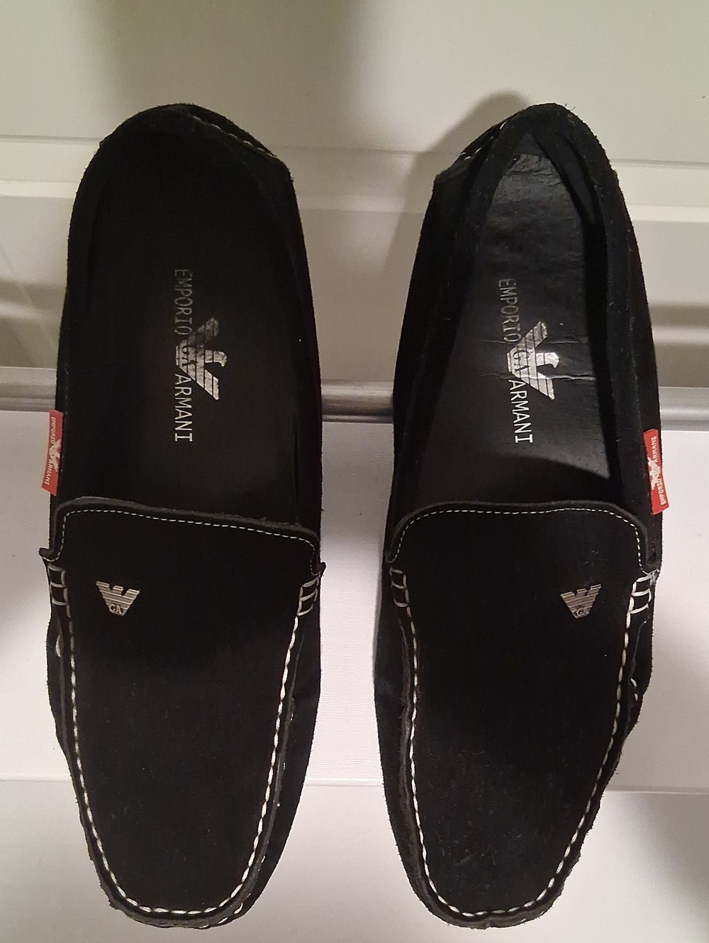 Emporio Armani Black Suede Slip-On Loafers with White Stitching